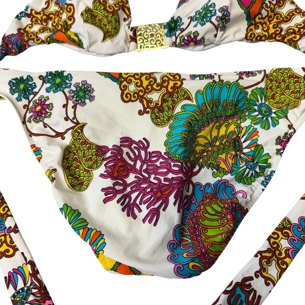 Trina Turk Floral Paisley Bikini Set Gold Filigree Hardware Halter Two Piece